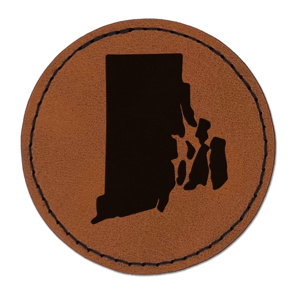 Rhode Island State Silhouette 2.5" Faux Leather Round Engraved Iron-On Patch - Brown