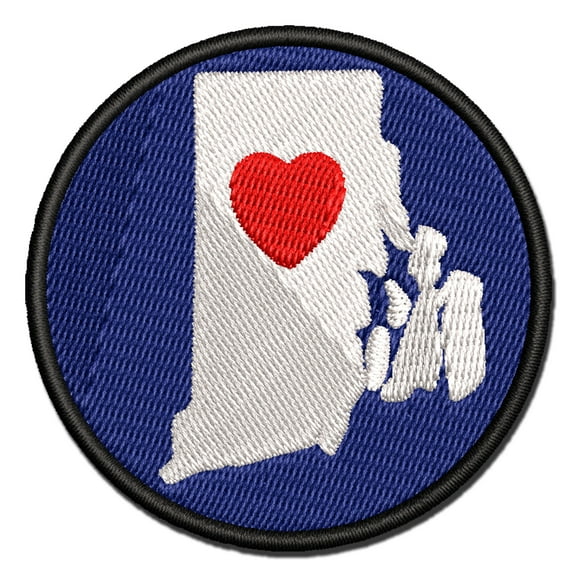 Rhode Island State with Heart Applique Multi-Color Embroidered Iron-On Patch - 2.5 Inch Small