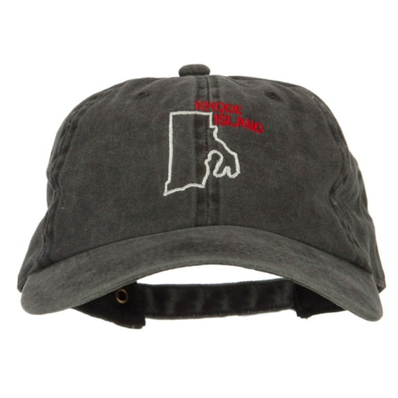 Rhode Island with Map Outline Embroidered Washed Cotton Cap - Black OSFM