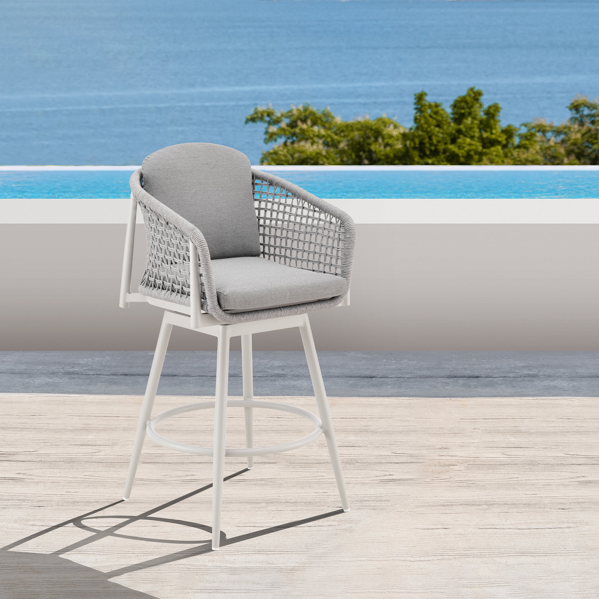 Rhodes Outdoor Patio Swivel Counter Stool in Aluminum with Light Gray Rope and Cushions - Set of 3