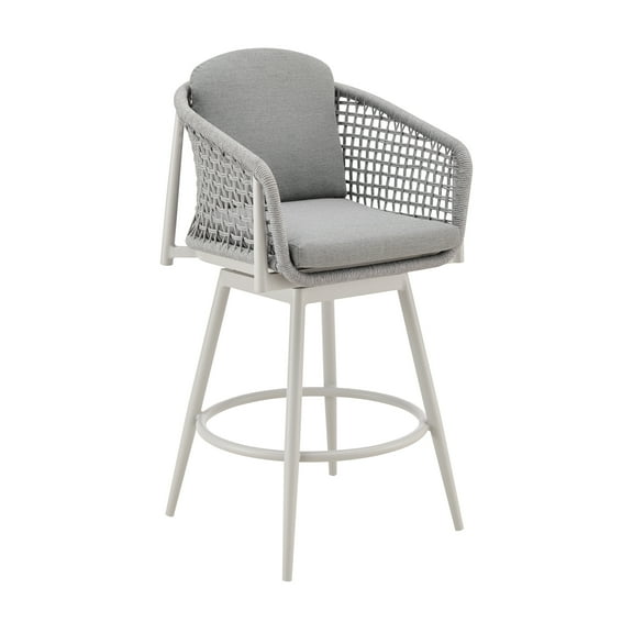 Rhodes Outdoor Swivel Counter Stool in Aluminum with Light Gray Rope & Cushions
