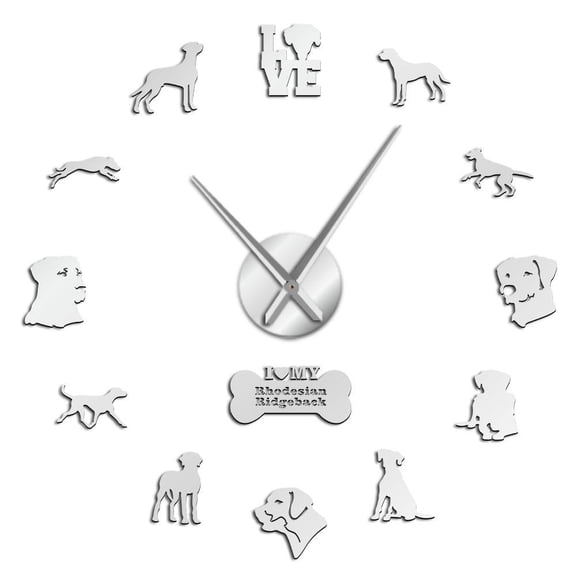Rhodesian Dog Frameless Wall Clock Stickers, DIY Modern Decorative Clocks for Living Room, Bedroom, Office - Easy to Install, Large 3D Clock Design (Silver,37in)