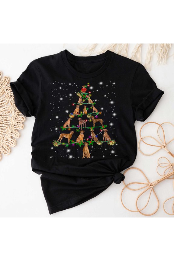 Rhodesian Ridgeback Christmas Tree T-Shirt, Funny Dog Lover Gift, Rhodesian Ridgeback Christmas Lights Shirts, Christmas Shirts for Women Men
