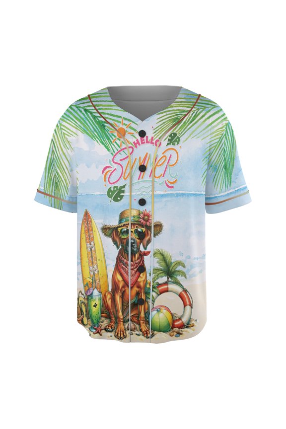 Rhodesian Ridgeback Hello Summer with Sunglasses and Surfboard Tropical Vibes All Over Print 3D Baseball Shirt Ridgebacks Dog Lover Gifts Softball Sport - 00007
