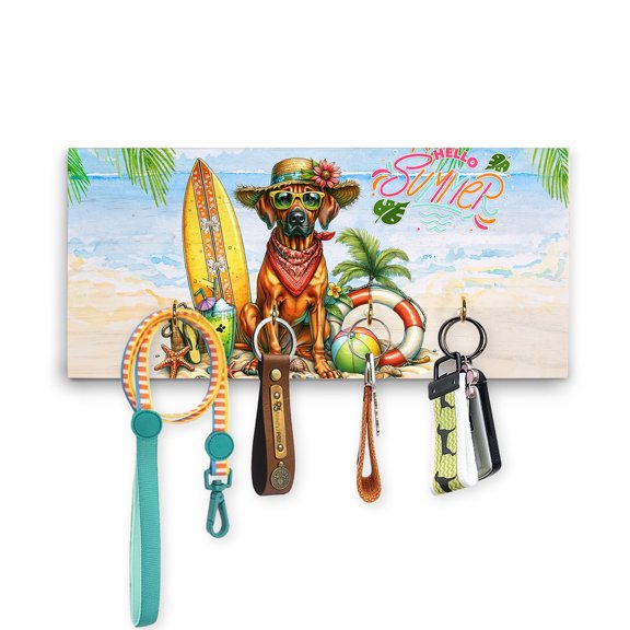 Rhodesian Ridgeback Hello Summer with Sunglasses and Surfboard Tropical Vibes Wood Key Holder Ridgebacks Dog Lover Gifts Wall-mounted Key Rack Home Decor - 00007