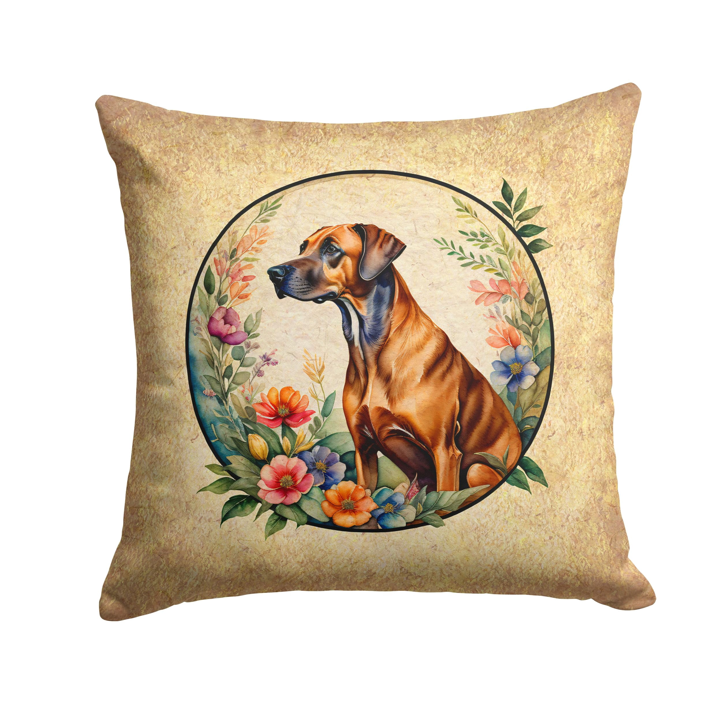 Rhodesian Ridgeback and Flowers Fabric Decorative Pillow 14 in x 14 in ...