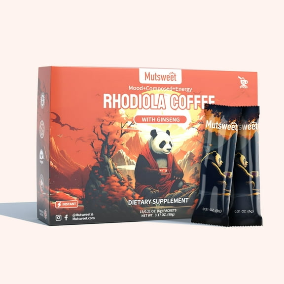 Rhodiola Rosea Instant Coffee with Ginseng Powder - Support Energy, Mood, Stress, Stamina - 15 Bags Rhodiola Coffee Powder