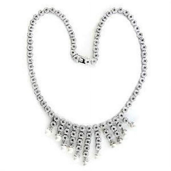 Rhodium 925 Sterling Silver Necklace with Synthetic Pearl in White for Women White Stone Color Style LOA559 Size 18