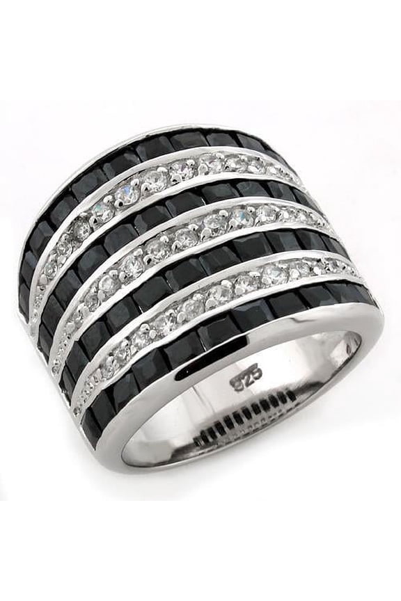 Rhodium 925 Sterling Silver Ring with AAA Grade CZ in Jet for Women Style LOAS1089