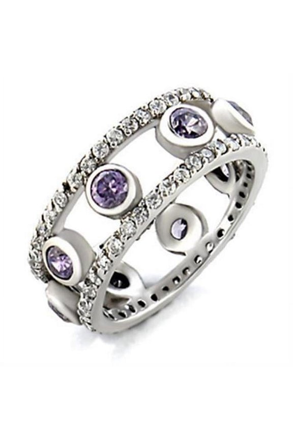 Rhodium Brass Ring with AAA Grade CZ, Amethyst - Size 6