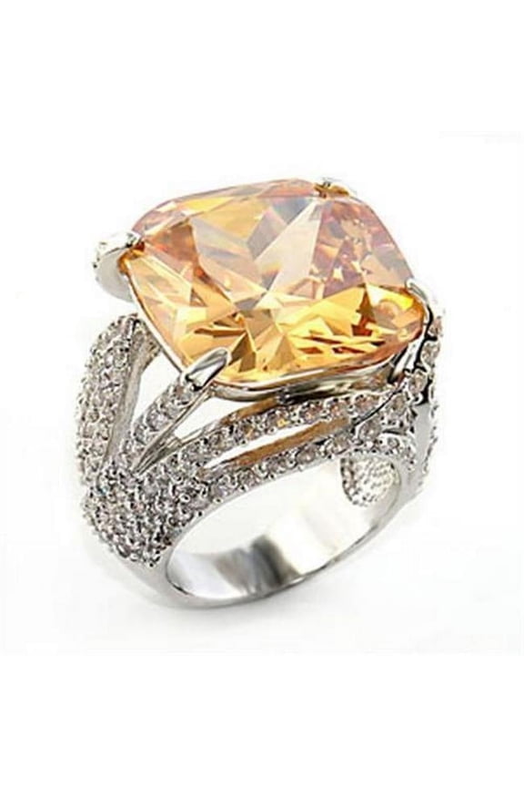 Rhodium Brass Ring with AAA Grade CZ, Champagne - Size 9
