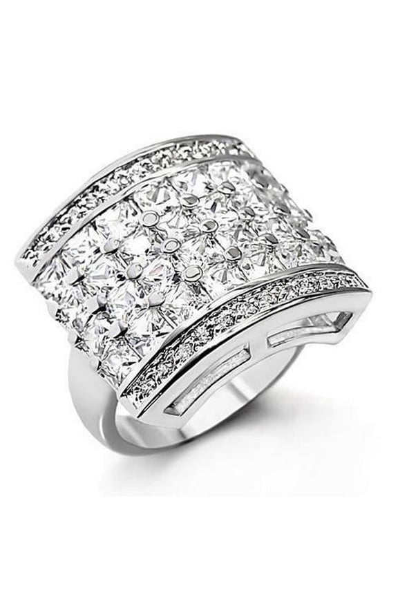 Rhodium Brass Ring with AAA Grade CZ, Clear - Size 7