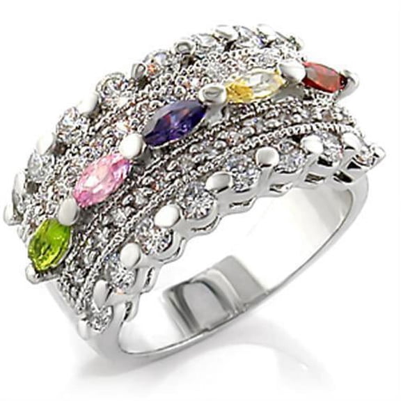 Rhodium Brass Ring with AAA Grade CZ in Multi Color for Women Style 7X129