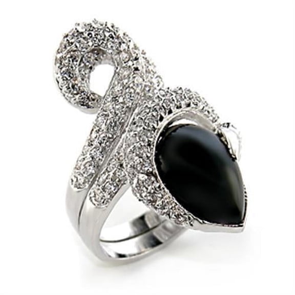 Rhodium Brass Ring with Semi-Precious Agate in Jet for Women Jet Stone Color Style 80207 Size 9