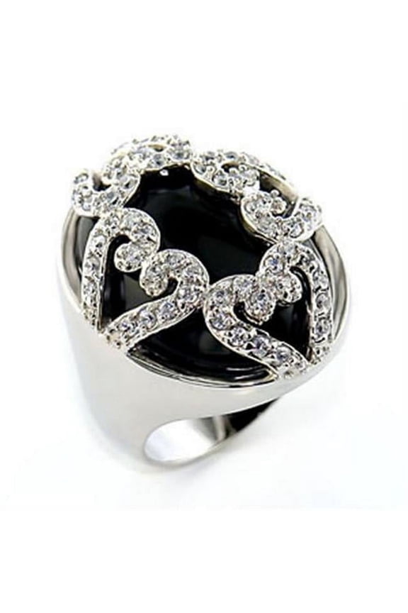 Rhodium Brass Ring with Semi-Precious Onyx, Jet - Size 7