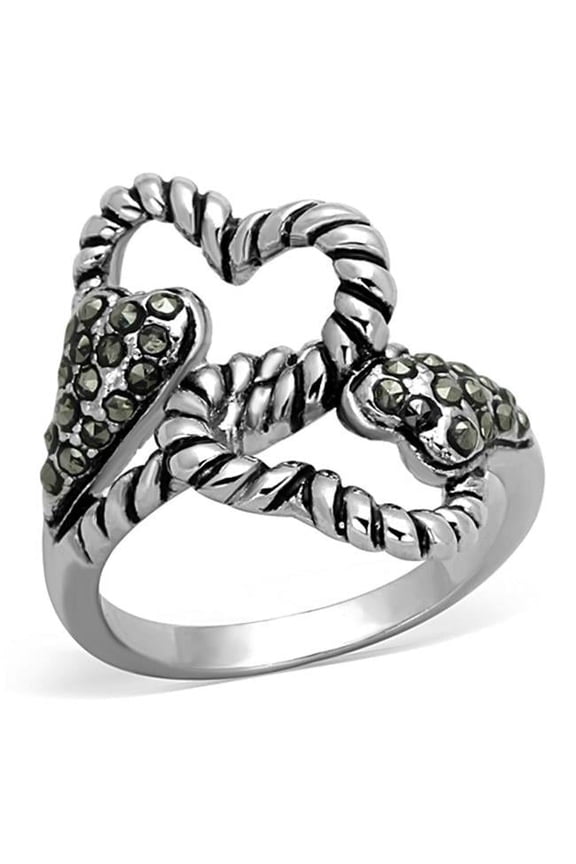 Rhodium Brass Ring with Synthetic Marcasite, Black Diamond - Size 8