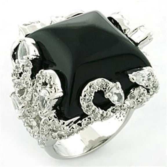 Rhodium Brass Ring with Synthetic Onyx in Jet for Women Jet Stone Color Style LOA684 Size 5