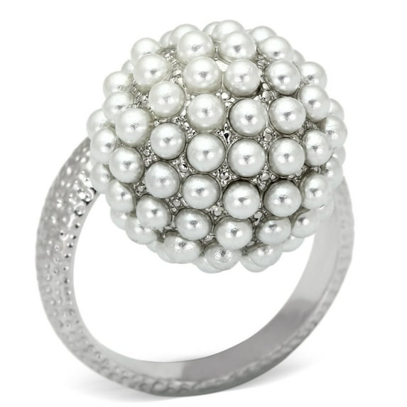 Rhodium Brass Ring with Synthetic Pearl in White for Women White Stone Color Style LOA831 Size 7