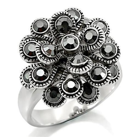 Rhodium Brass Ring with Top Grade Crystal in Jet for Women Jet Stone Color Style 0W301 Size 5