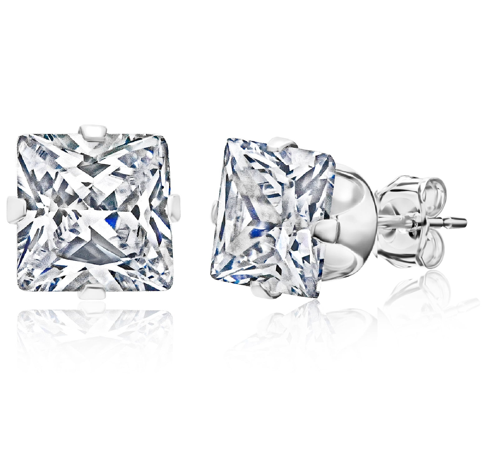 PORI JEWELERS Men's Rhodium Plated 8mm CZ Square Stud Earrings