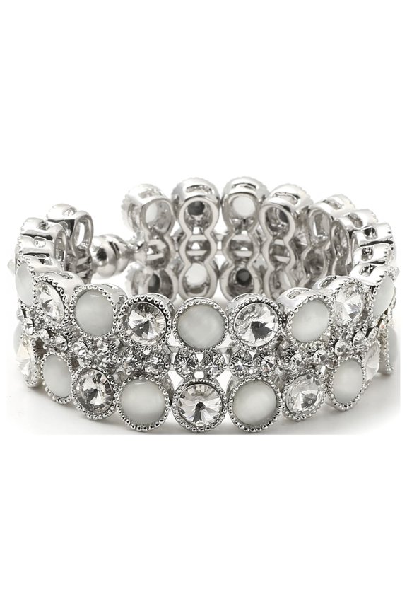 Rhodium Crystal 3 Row Strand Circle Round Shape Opal Stone Bangle Bracelet