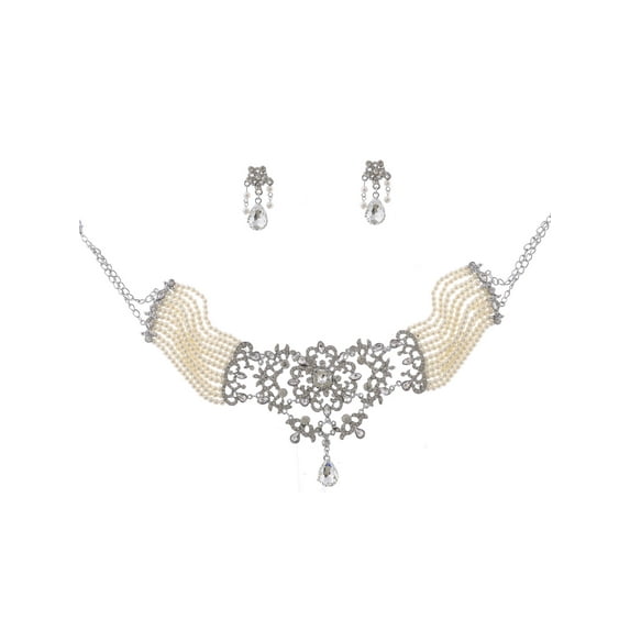 Rhodium Crystal Rhinestone Faux Pearl Choker Necklace Dangle Earrings Bridal Jewelry Set