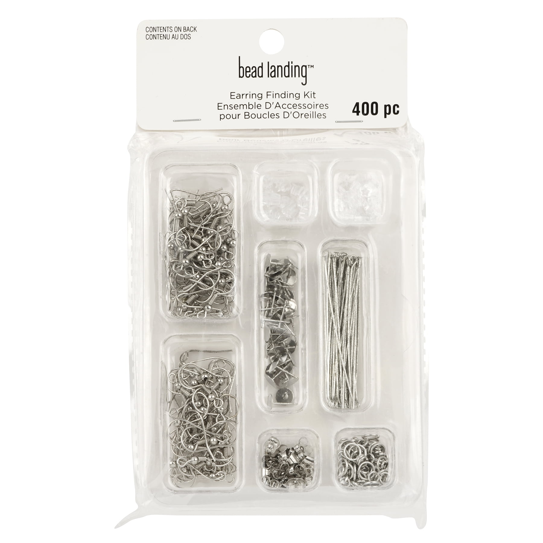 Rhodium Earring Finding Kit by Bead Landing – 400-Piece Nickel-Free Jewelry Supply Sets with Ear Wires - Posts - Pins - Backs & Jump Rings - 12 Pack