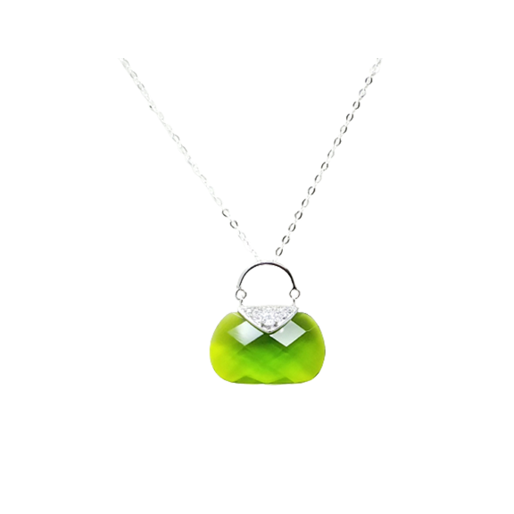 Rhodium-Finished Sterling Silver Peridot Green Glass with Cubic Zirconia Purse Necklace