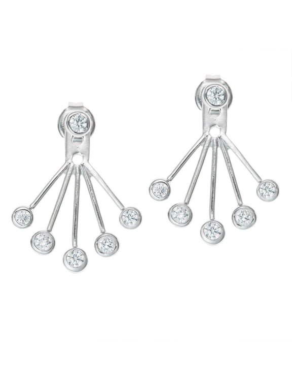 Rhodium On 925 Sterling Silver Clear Cubic Zirconia 2 in 1 Stud & Jacket Ear Cuff Earrings
