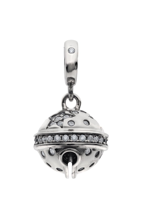 Rhodium On 925 Sterling Silver Cubic Zirconia Jingle Bell European Dangle Bead Charm