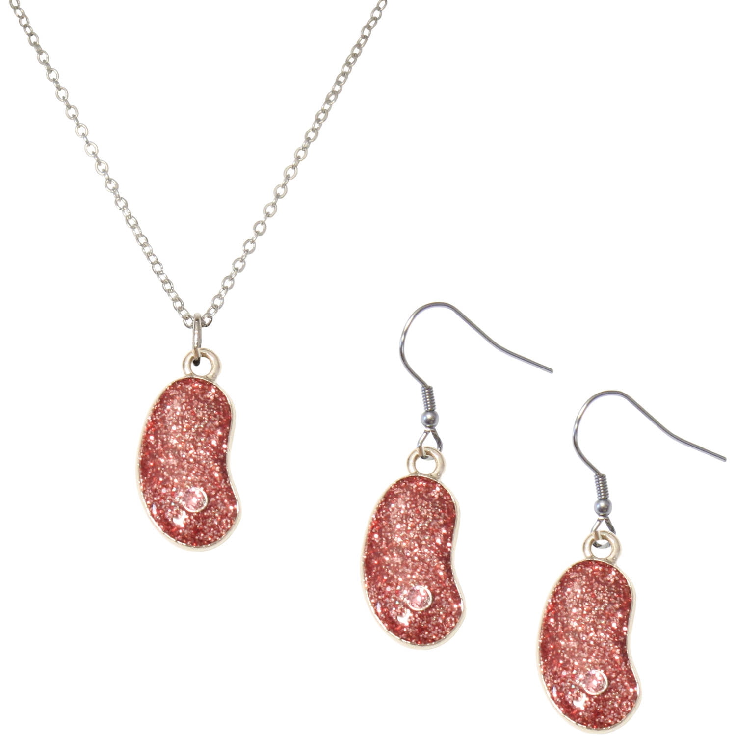 Rhodium Pink Glitter Jelly Bean Necklace and Earrings Jewelry Set