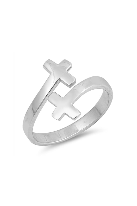 Rhodium Pladed Sterling Silver Double Cross Plain Band Ring