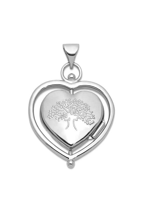 Rhodium Plate Tree Of Life Flowers Spinning Reversible 15mm Love Heart Locket Locket Necklace for Women