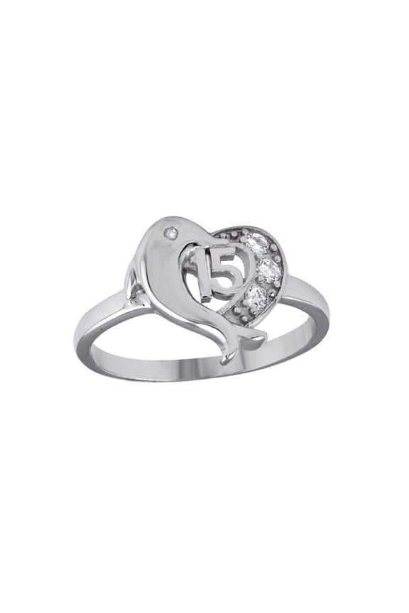 Rhodium Plated 925 Sterling Silver 15 Heart Dolphin Ring Band White CZ Jewelry Female Size 9