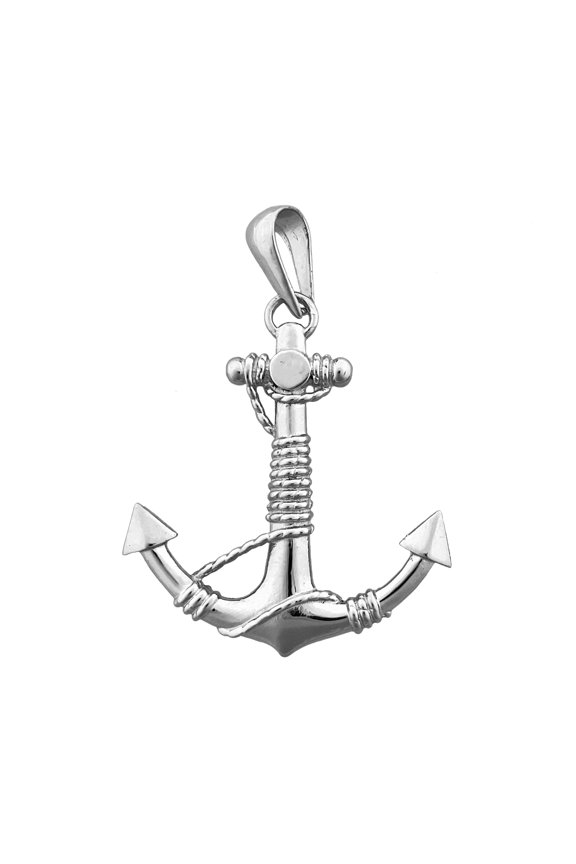 Rhodium Plated 925 Sterling Silver 3-D Ship Anchor and Sailor Rope Pendant