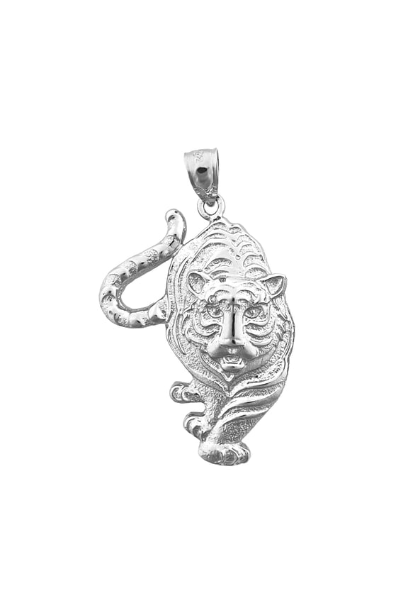 Rhodium Plated 925 Sterling Silver 35MM Prowling Tiger Pendant
