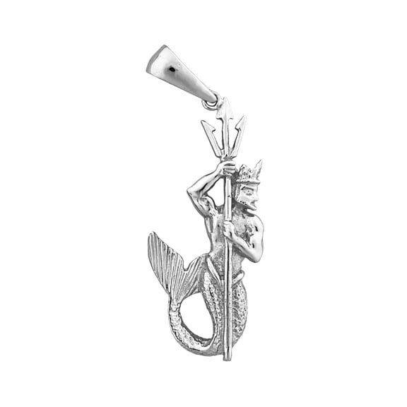 Rhodium Plated 925 Sterling Silver 3D Poseidon Holding A Trident Pendant