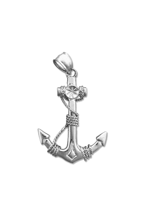 Rhodium Plated 925 Sterling Silver 3D Ship Anchor and Sailor Rope Pendant