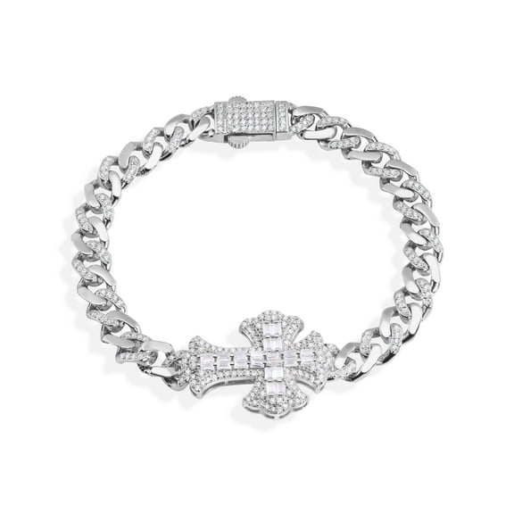 Rhodium Plated 925 Sterling Silver 6.7mm Fleur De Lis Cross Baguette Bracelet 7" Jewelry Female