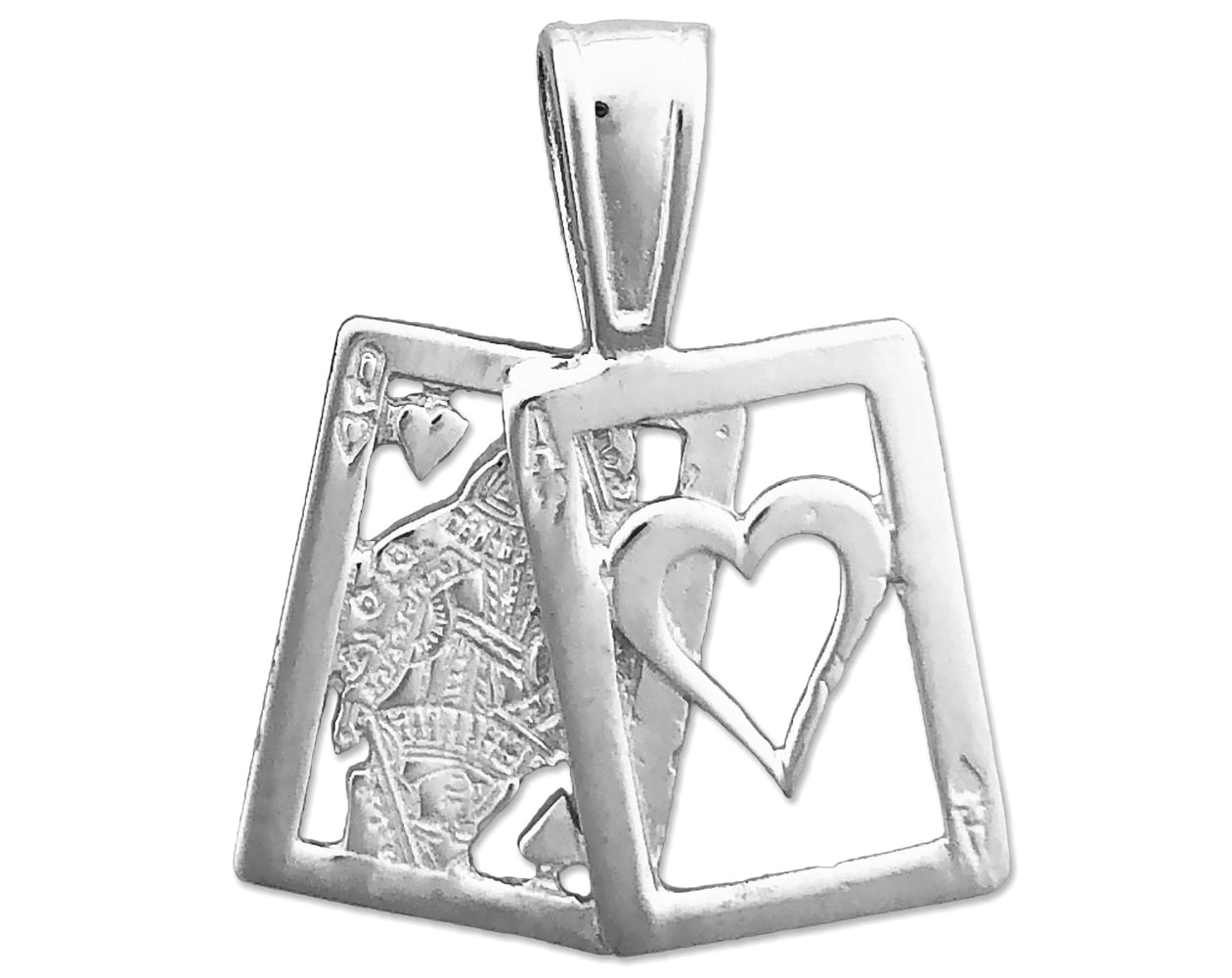 Rhodium Plated 925 Sterling Silver Ace Queen of Hearts Playing Cards Slide