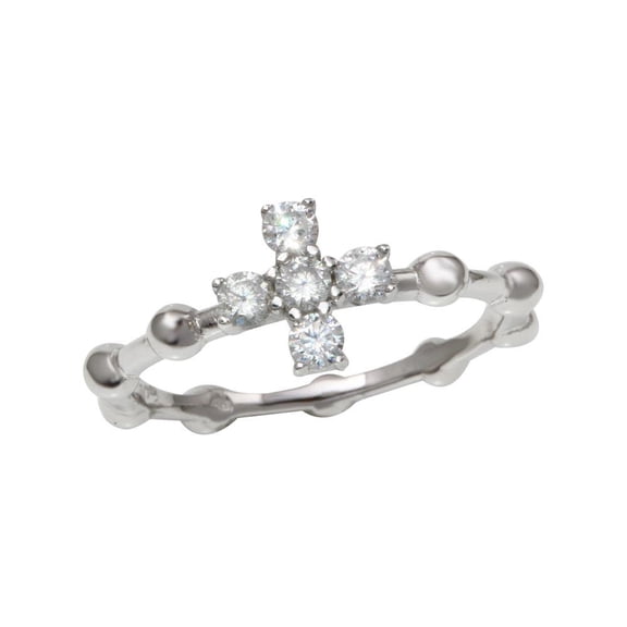 Rhodium Plated 925 Sterling Silver Beaded Shank Cross Ring Band White CZ Jewelry Female Size 6