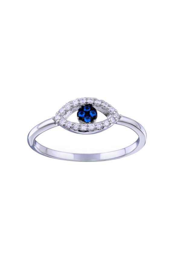 Rhodium Plated 925 Sterling Silver Blue & Clear CZ Evil Eye Ring Band Jewelry Female Size 5