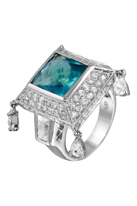 Rhodium Plated 925 Sterling Silver Clear & Blue Pyramid Ring Band CZ Jewelry Female Size 6