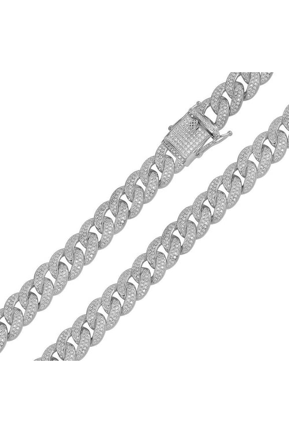 Rhodium Plated 925 Sterling Silver Clear CZ Encrusted Curb Chain 11.7mm 8.5" Jewelry Female