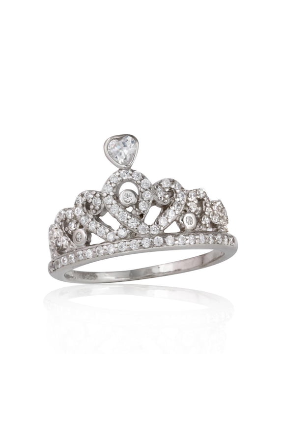 Rhodium Plated 925 Sterling Silver Clear CZ Tiara Crown Princess Ring White Female Size 9
