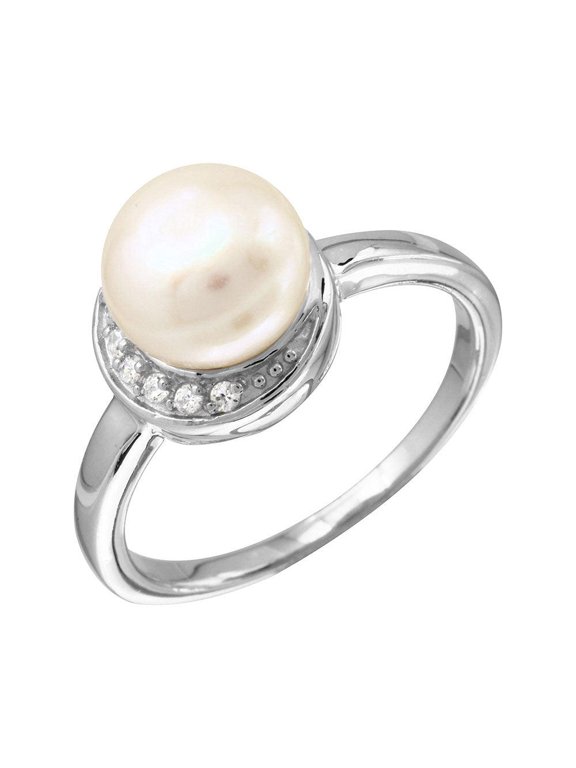 Rhodium Plated 925 Sterling Silver Crescent Ring Simulated Pearl Jewelry Female Male Unisex Size 7