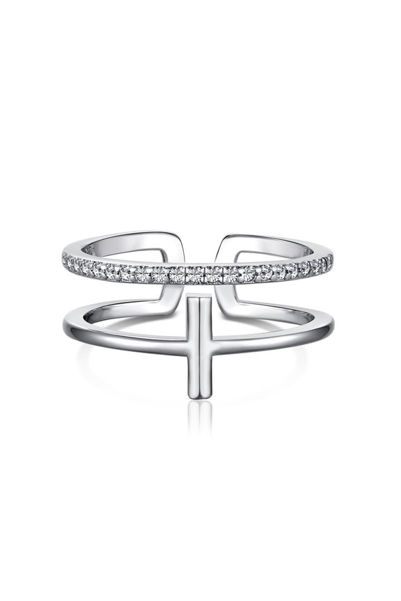 Rhodium Plated 925 Sterling Silver Cross Open Cuff Rings with Cubic Zirconia with S925 Stamp Real Platinum Plated 8.3mm Size 7(17.3mm)