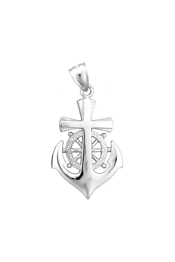 Rhodium Plated 925 Sterling Silver Cross, Ship Wheel, Anchor Pendant