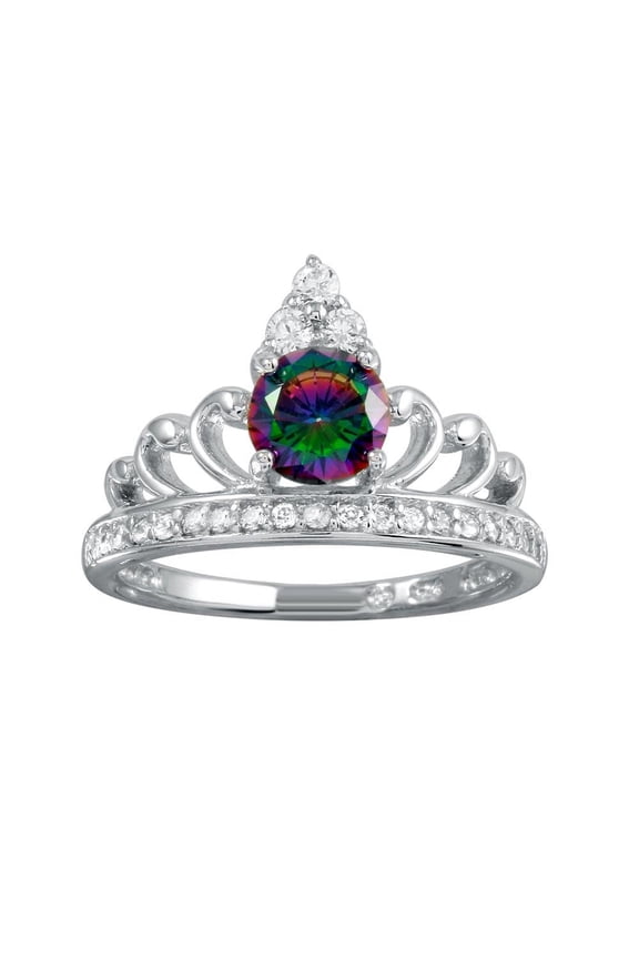 Rhodium Plated 925 Sterling Silver Crown Mystic Simulated Topaz Band Ring Black CZ Female Size 6