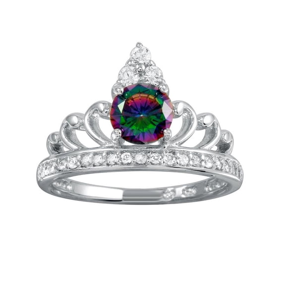 Rhodium Plated 925 Sterling Silver Crown Mystic Simulated Topaz Band Ring Black CZ Female Size 8